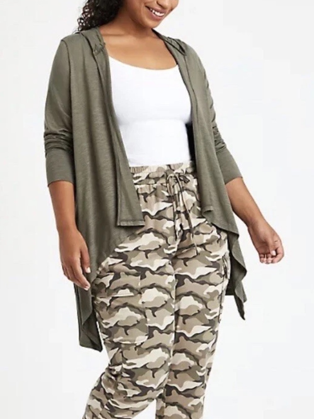 Torrid Super Soft Olive Green Open Front Drape Hooded Cardigan Sweater 10